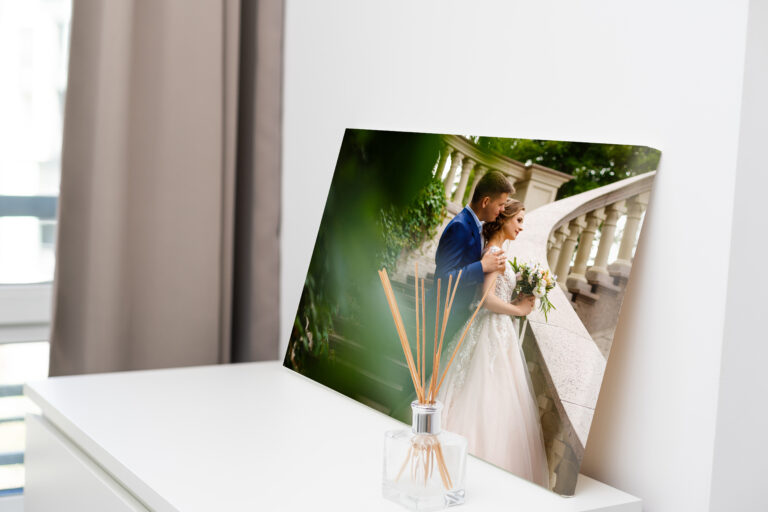 Sample of photography with gallery stretch on a wooden frame. Printed wedding photo on canvas.