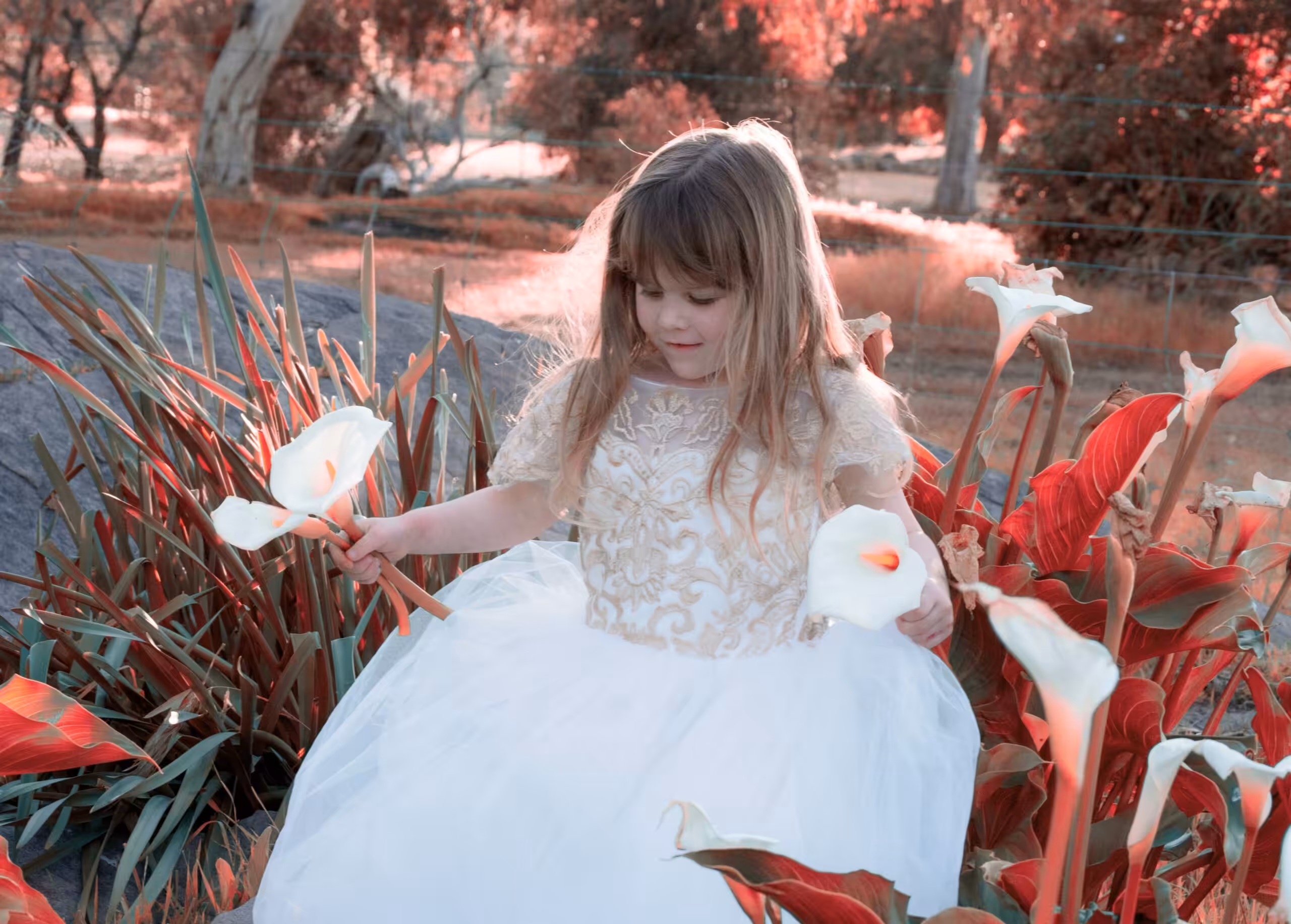 Bambina in abito bianco seduta tra i fiori, per le frasi della comunione